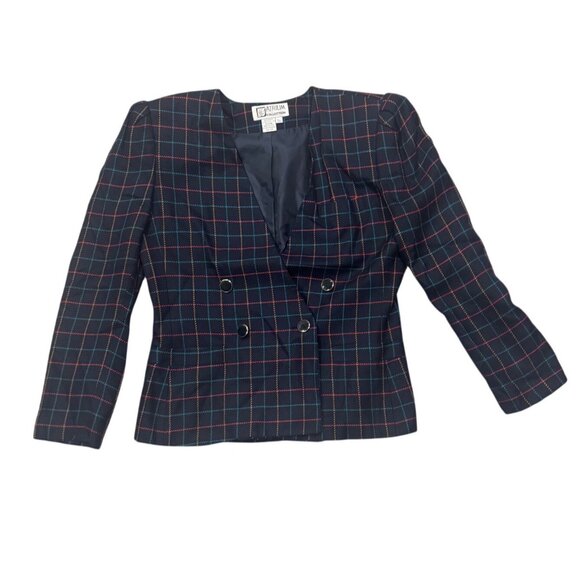 Atrium Collection Womens Plaid Blazer 7/8 Double-Breasted Rayon & Polyester Navy - Picture 2 of 7